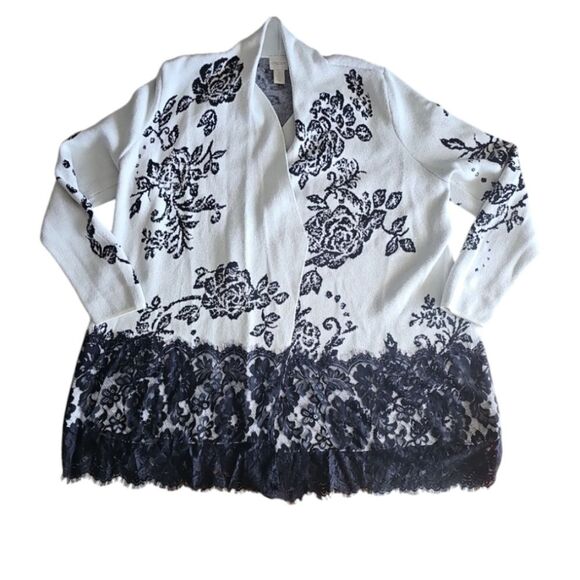Chico's Open Front Floral Cardigan Sweater Sz 2 (L/XL) Lace Hem Feminine Chic - Picture 8 of 16